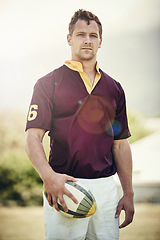 Image showing Rugby, portrait and athlete with man on field for training, health and stadium practice. Challenge, competition and performance with male person in outdoor pitch for exercise, games and workout