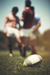 Image showing Rugby, teamwork and sports with ball on grass field for training, competition practice and challenge. Health, start and games with people on outdoor pitch for stadium, performance and fitness