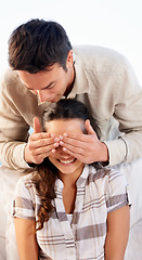 Image showing Couple, romantic and husband covering eyes for surprise, smile and happy for love, wife and bonding together. Outdoor, secret and news for marriage, relationship and announcement with excitement