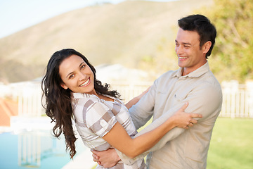 Image showing Couple, dancing and outdoor with happiness, love and honeymoon for fun, romantic and smile. Relationship, bonding together and smiling for marriage, young and dance with face, joy and romance