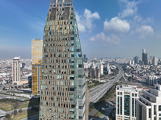 Image showing Cinematic aerial view of city skyline modern business financial skyscrapers building and shopping mall of Istanbul Turkey