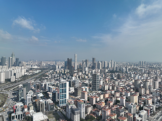 Image showing Cinematic aerial view of city skyline modern business financial skyscrapers building and shopping mall of Istanbul Turkey