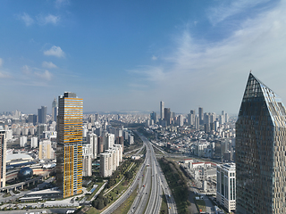 Image showing Cinematic aerial view of city skyline modern business financial skyscrapers building and shopping mall of Istanbul Turkey