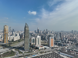 Image showing Cinematic aerial view of city skyline modern business financial skyscrapers building and shopping mall of Istanbul Turkey