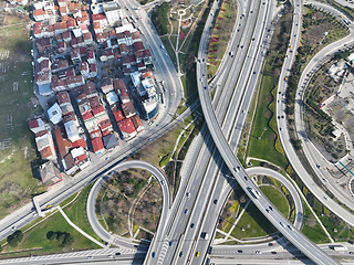 Image showing Aerial View Modern Multilevel Motorway Junction with Toll Highway, Road traffic an important infrastructure Transportation and travel concept