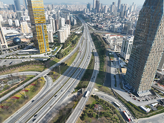 Image showing Cinematic aerial view of city skyline modern business financial skyscrapers building and shopping mall of Istanbul Turkey