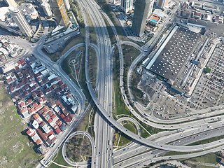 Image showing Aerial View Modern Multilevel Motorway Junction with Toll Highway, Road traffic an important infrastructure Transportation and travel concept