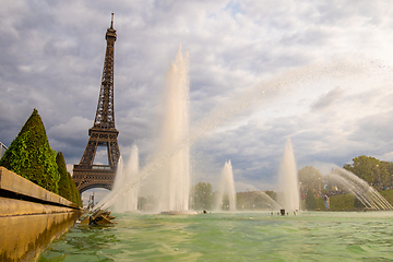 Image showing Eiffel Tower viewed through the Trocadero Fountains in Paris