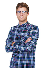 Image showing Man, portrait and smile in studio with arms crossed and vision or glasses for fashion and designer eyewear. Person, face and optometry with prescription eyeglasses or spectacles on white background