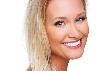 Image showing Beauty, portrait and skin care with a woman in studio for glow, shine and flawless look. Face of a happy female model person on a white background with confidence, dermatology and cosmetics or makeup