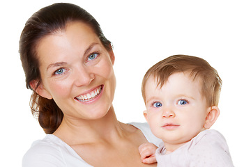 Image showing Portrait, baby and mother with smile, care and love with happiness isolated on white studio background. Face, mama and infant with joy, bonding together and cheerful with family, maternal and toddler