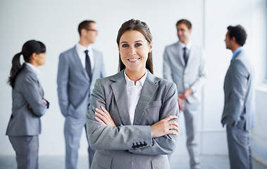 Image showing Team leader, arms crossed or corporate portrait of happy woman, manager or group planning company enterprise. Confident CEO trust, female empowerment or boss smile for professional agency corporation