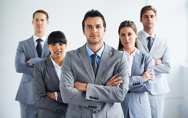 Image showing Team leader, arms crossed and professional people portrait, group or company consultant staff for law firm support. Service experience, cooperation and corporate attorney for business advisory trust