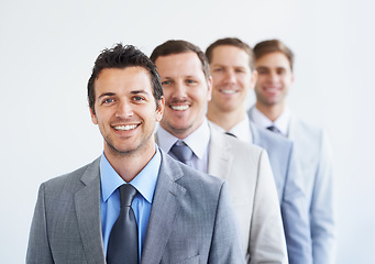 Image showing Happy, portrait and business people in office line with teamwork, support or row of solidarity. Corporate, people and face of lawyer team together for partnership, commitment or startup success