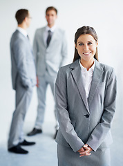 Image showing Businesswoman, portrait and happy for future in law career, confident and ready for job. Worker, corporate attorney in suit and professional in workplace, colleagues and proud for company growth