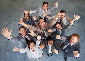 Image showing Portrait, excited group and business people celebration, teamwork and happy for company success, achievement or cheers. Winner happiness, top view and professional team celebrate corporate solidarity