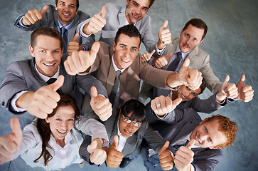 Image showing Portrait, group and happy business people thumbs up for motivation, corporate feedback or job well done . Emoji like icon, top view and professional team yes sign for voting opinion agreement