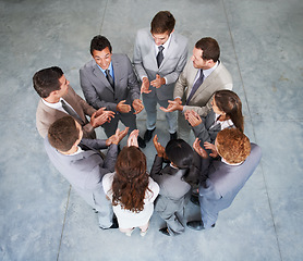 Image showing Circle, applause or professional people celebrate, praise or congratulations for success, achievement or promotion. Motivation, top view group or teamwork celebration, clapping or winner announcement
