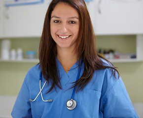 Image showing Happy woman, portrait and veterinarian nurse at clinic for animal care, shelter or health service. Face of female person, nurse or medical pet surgeon smile in confidence for healthcare at vet