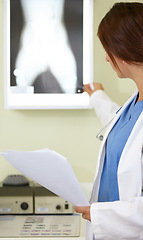 Image showing Woman, veterinarian and nurse with xray of animal for examination, tests or diagnosis on injury at vet. Female person, doctor or medical pet professional looking at CT scan or MRI for clinic checkup