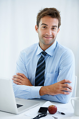 Image showing Businessman, confidence and smile in portrait, laptop and internet for connection, networking and email. Male person, strategy and pride in career, happy and technology for online research or face