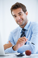 Image showing Happy businessman, portrait and laptop sitting at office desk for work schedule, planning or tasks. Man or employee smile with computer in project plan with positive attitude or career ambition