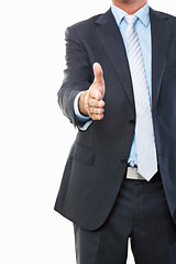 Image showing Shaking hands, business offer and studio meeting for job interview, introduction or hiring agreement. Corporate person or employer with client POV handshake, hello and welcome on a white background