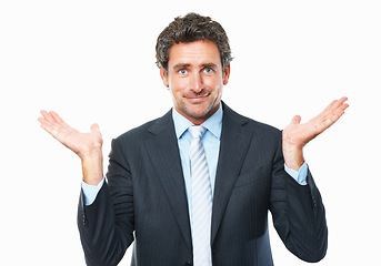 Image showing Portrait of business man, palm and choice, comparison or balance scale isolated on white studio background. Face, shrug or confused professional with decision, doubt and hand gesture, why or question