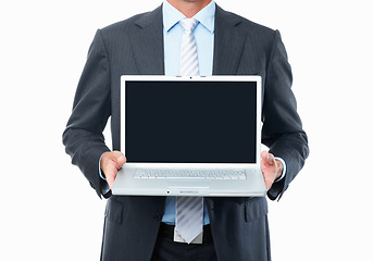 Image showing Business hands, laptop screen and mockup for advertising website, stock market sign up or presentation in studio. Professional person with computer space or trading registration on a white background