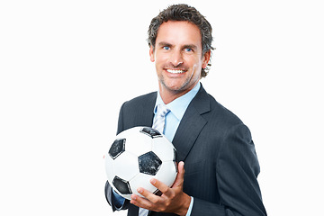 Image showing Business man, soccer ball and smile in portrait, positive mindset for club investment or career. Male person, face and happy for professional footballer job, coach and motivated for future or work