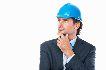 Image showing Architecture, thinking and man in studio with project mockup, construction inspection or real estate planning. Mature manager or engineering expert with design ideas and goals on a white background