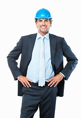 Image showing Architecture, happy man and portrait in studio for project management, construction and real estate planning. professional design manager, boss or engineering expert in a suit and a white background