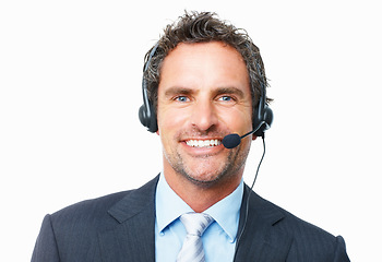 Image showing Consultant, call center portrait and happy communication, customer service or support on a white background. Face of a professional agent, business man or mature advisor for FAQ or contact in studio