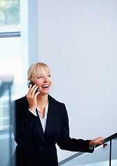 Image showing Corporate smartphone call, stairs and happy woman discussion, negotiation or consultation with mobile user. Phone communication, smile and indoor sales agent talking, speaking or chat with contact