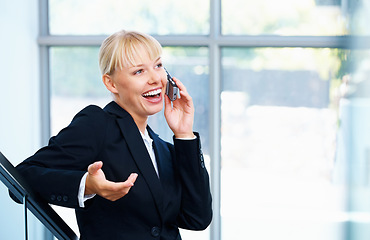 Image showing Corporate phone call, happiness and staircase woman discussion, negotiation or consultation for business advice. Cellphone connection, smile and friendly agent talking, speaking or chat with contact