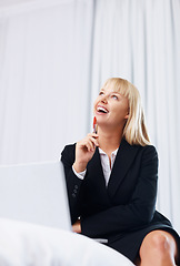 Image showing Businesswoman, thinking or smile with laptop for idea in bedroom for financial, growth or planning. Female consultant, technology and remote work for information, feedback or online report with pen