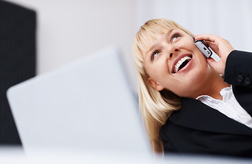 Image showing Businesswoman, thinking or phone call with laptop for communication in home office for consult, feedback or report. Person, lying and bed with idea, vision and smile for future, planning or growth