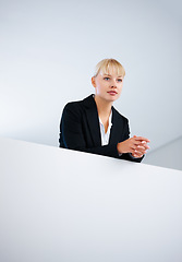 Image showing Management, vision and thinking with a business woman on the balcony inside an office for planning. Corporate, idea and a confident young manager in the workplace for professional company growth