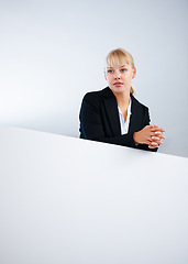 Image showing Management, idea and thinking with a business woman on the balcony inside an office for planning. Corporate, vision and a confident young manager in the workplace for professional company growth