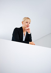 Image showing Management, vision and idea with a business woman on the balcony inside an office for planning. Corporate, thinking and a confident young manager in the workplace for professional company growth