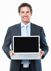 Image showing Business man, laptop screen and mockup for advertising website, stock market sign up or presentation in studio. Portrait of mature trader, computer space or trading registration on a white background