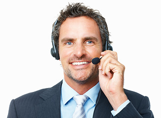 Image showing Business man, call center portrait and happy communication, customer service or support in studio. Face of corporate agent, sales consultant or financial advisor in headphones on a white background