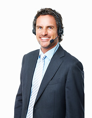 Image showing Consultant man, call center portrait and customer service, communication or e commerce support on a white background. Face of a happy agent or mature business advisor with FAQ or contact in studio