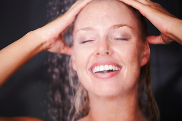 Image showing Woman, happy or shower for care in bathroom, skincare or health wellness with water for washing. Young person, grooming and glow in closeup with cleaning body and hair for natural beauty in apartment