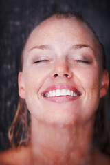 Image showing Woman, happy and shower for relax for cleaning, skincare and health wellness with water in bathroom. Young, grooming and natural glow with person washing body and self care for beauty in apartment