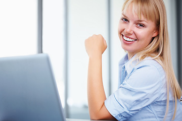 Image showing Portrait, consultant and happy woman in office with laptop, market research or online website review. Businesswoman at desk with smile, professional career and administration job at startup agency.