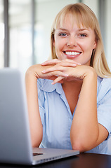 Image showing Portrait, smile and business woman on laptop at office desk in corporate company. Face, computer and happy entrepreneur at table, confident consultant or professional employee working in Switzerland