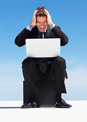 Image showing Laptop, sky and business man frustrated with corporate disaster, stock market trading mistake or online website error. Bankruptcy report, stress or angry professional trader reading bad feedback info