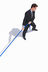 Image showing Businessman, challenge and tug of war by white background, career problem and workplace competition. Young person, mental health or professional worker with rope, top view or job conflict in studio