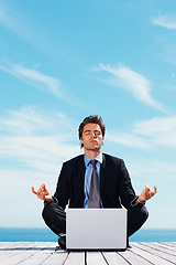 Image showing Laptop, meditation and a corporate man outdoor on a dock by the ocean for mindfulness or stress relief. Computer, yoga and a young business employee on a pier by the sea for remote work or balance